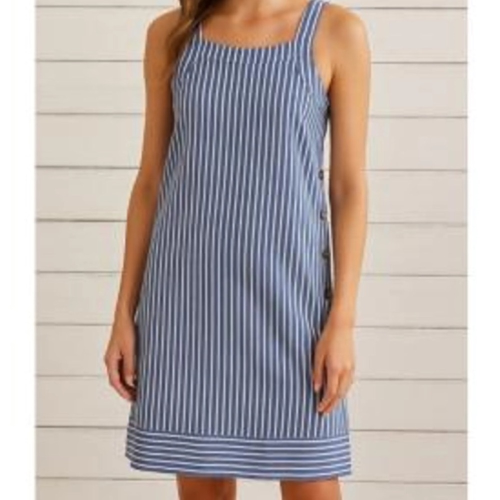 For Cynthia Blue and white striped linen blend shirt dress .